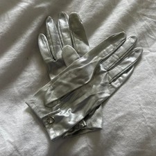Metallic Silver Satin Evening Gloves With Rhinestone Button Detail Wrist Length