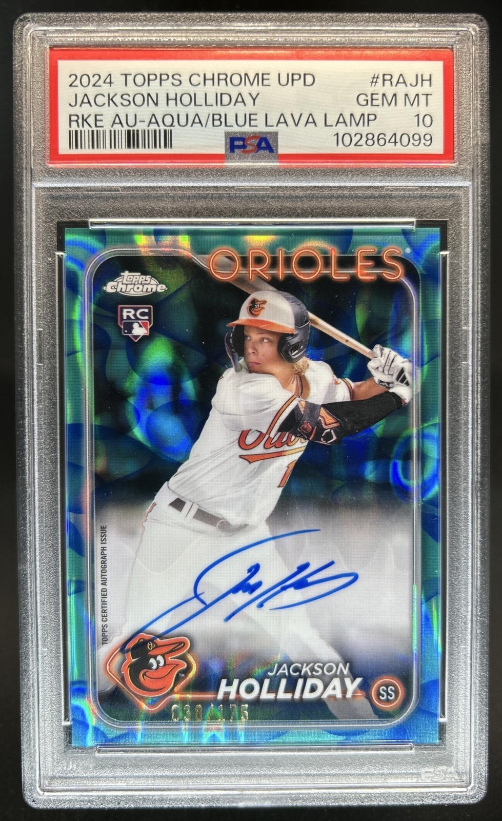 2024 Topps Chrome Jackson Holliday Rookie Auto Lava Lamp Aqua/Blue #/175 PSA 10