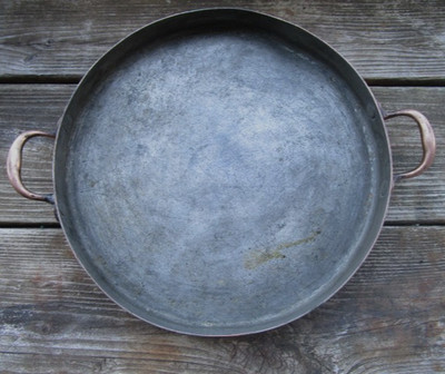 Antique Round Copper Gratin Pan  Tin Lined with Copper Handles