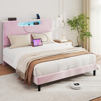King Size Bed Frame with Charging Station and Adjustable LED Light Wood