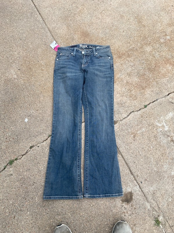Rock 47 by Wrangler Womens Low Rise Bootcut Jeans Blue Rhinestone WJX42SG 5/6x30