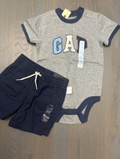 NWT Baby Gap boy 2-piece SUMMER FALL gray logo bodysuit navy shorts SET 18 24