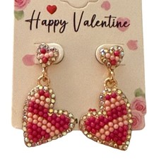 Cute Heart Shaped Dangle Earrings Pink Beaded Rhinestone Valentine's Day Gift