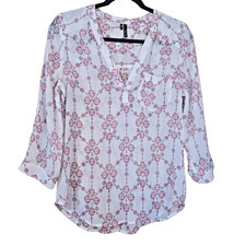 Maurices wmns  S sheer blouse white pink floral v-neck 3/4 sleeves 1 pocket