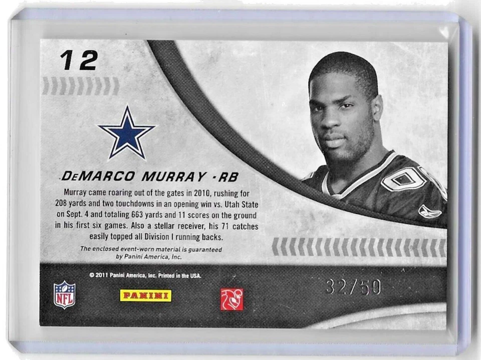 DEMARCO MURRAY 2011 Donruss Elite #12 New Breed JERSEY PATCH PRIME /50 Cowboys - Image 2 of 2