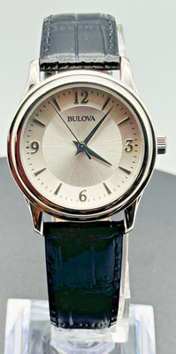 Bulova Classic Watch Ladies Silver Sunburst Dial Black Leather Corporate 96T58