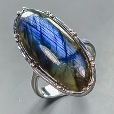 Gemstone 32 ct Natural Labradorite Ring 925 Sterling Silver Size 8.5 /R446660