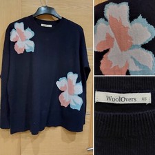 New Woolovers Wool Intarsia Flowers Navy Oversize Jumper XS S M   #642