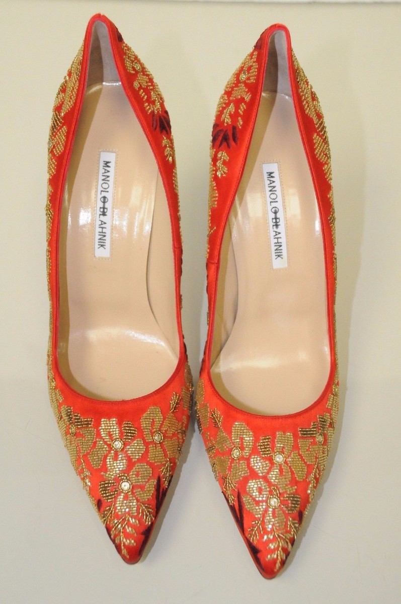 Escarpins Manolo Blahnik BB 105 Satin Rouge Brodé - Taille 38 (40.5 Pointure Italienne) - Neuf Avec Boîte, Mariage