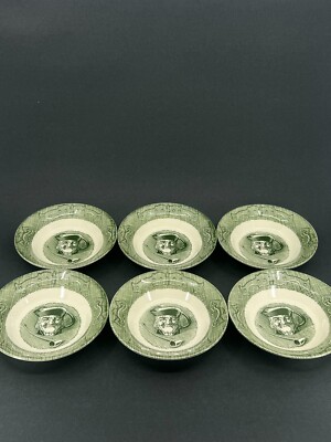 6 The Old Curiosity Shop Green Berry/Dessert BOWLS Toby Jar Man w Pipe / Vintage
