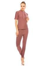 Soft Microfiber Athleisure Striped Short Sleeve Hoodie Leggings Set Mauve Comfy