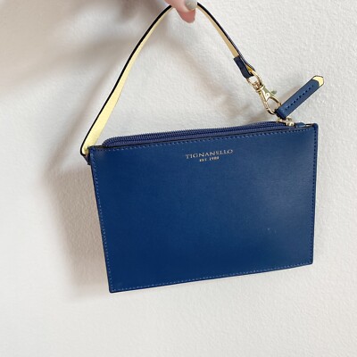 Tignanello Midnight Blue and Gold Small Flat Strap Leather Clutch Wristlet