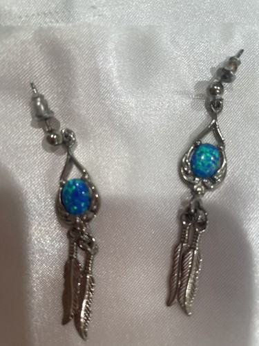 Vintage Navajo Zuni Sterling Silver Fire Opal Turtle Feather Dangle Earrings