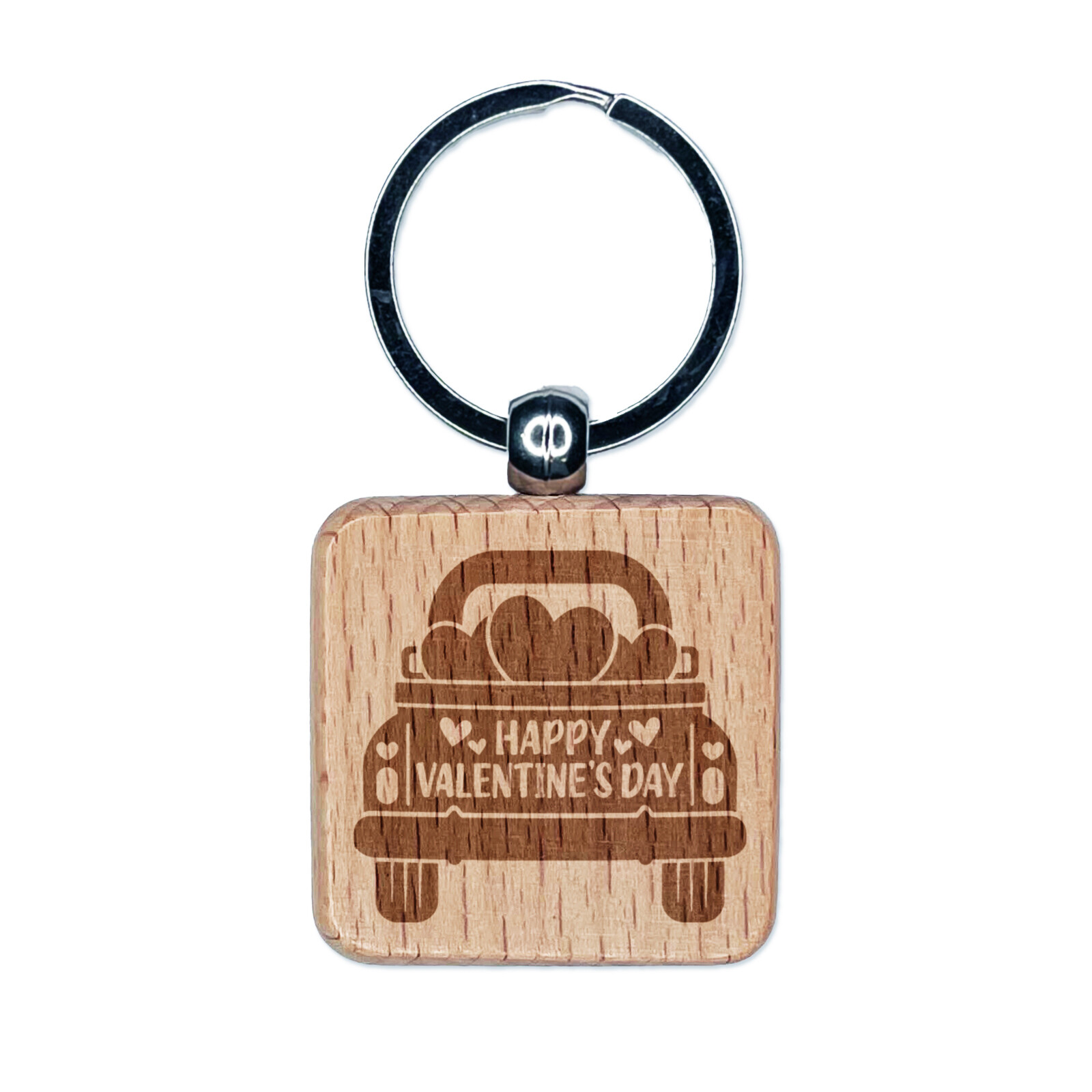 Happy Valentine's Day Truck Engraved Wood Square Keychain Tag Charm
