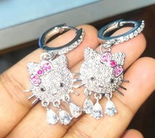 4Ct Round Cut Lab Created Diamond Kitty Dangle Earrings 14K White Gold Plated