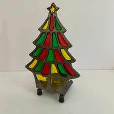 Vintage Stain Glass Christmas Tree Tea Light Votive Candle Holder