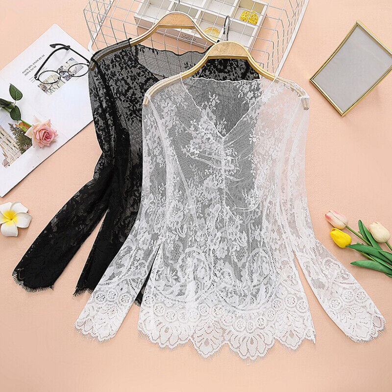 Women Thin Elegant Floral Lace Blouse Mesh T Shirt V Neck Women Thin Elegant Floral Lace Blouse Mesh T Shirt V Neck