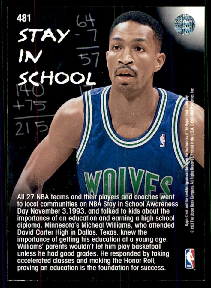 1993-94 Upper Deck Micheal Williams Minnesota Timberwolves #481 - Image 2 of 2