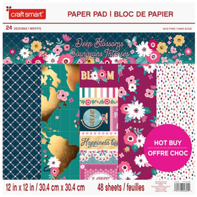 New Craft Smart Deep Blossom 12x12'' Paper Pad 48 Sheet Scrapbook Floral Map Dots
