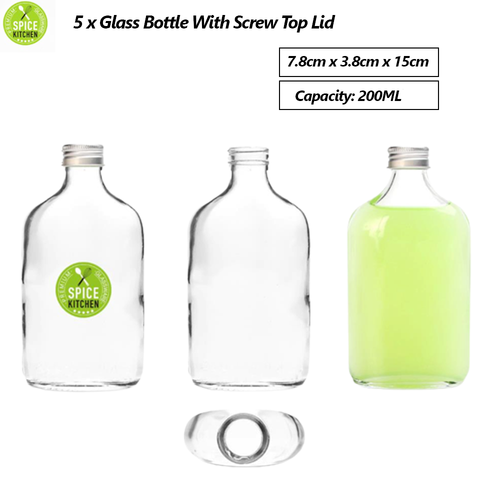 5Pcs 200ML Glass Water Bottle Juice Drink Screw Lid Kitchen Pantry
