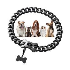 Cuban Link Dog Collar - 15mm Black Metal Chain with Secure Snap Buc... Fast Ship