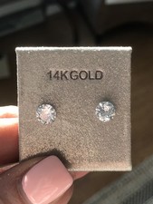 14K Real Solid White Gold Solitaire Round CZ Stud Earrings Push-back 6mm