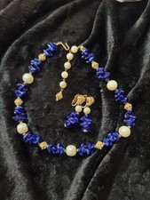 Rare VTG Crown Trifari Lapis Lazuli and Imitation Pearl NecklaceEarrings set