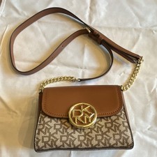 DKNY Brown Monogram Gold Chain Accent Shoulder Strap Women's Bag