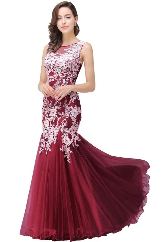 Damen Spitzenkleid Brautmutter, Maxi-Abendkleid, Hochzeitkleid, Dunkelrot, EU36 - Bild 2 von 4