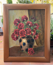 DIPINTO AD OLIO - NATURA MORTA - VASO DI FIORI - GAROFANI ROSSI - FIRMA - '900