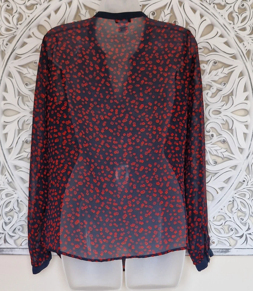 Blusa LA REDOUTE Azul Marino Transparente con Estampado de Amapola Roja y Escote Corbata Foto 2 de 4