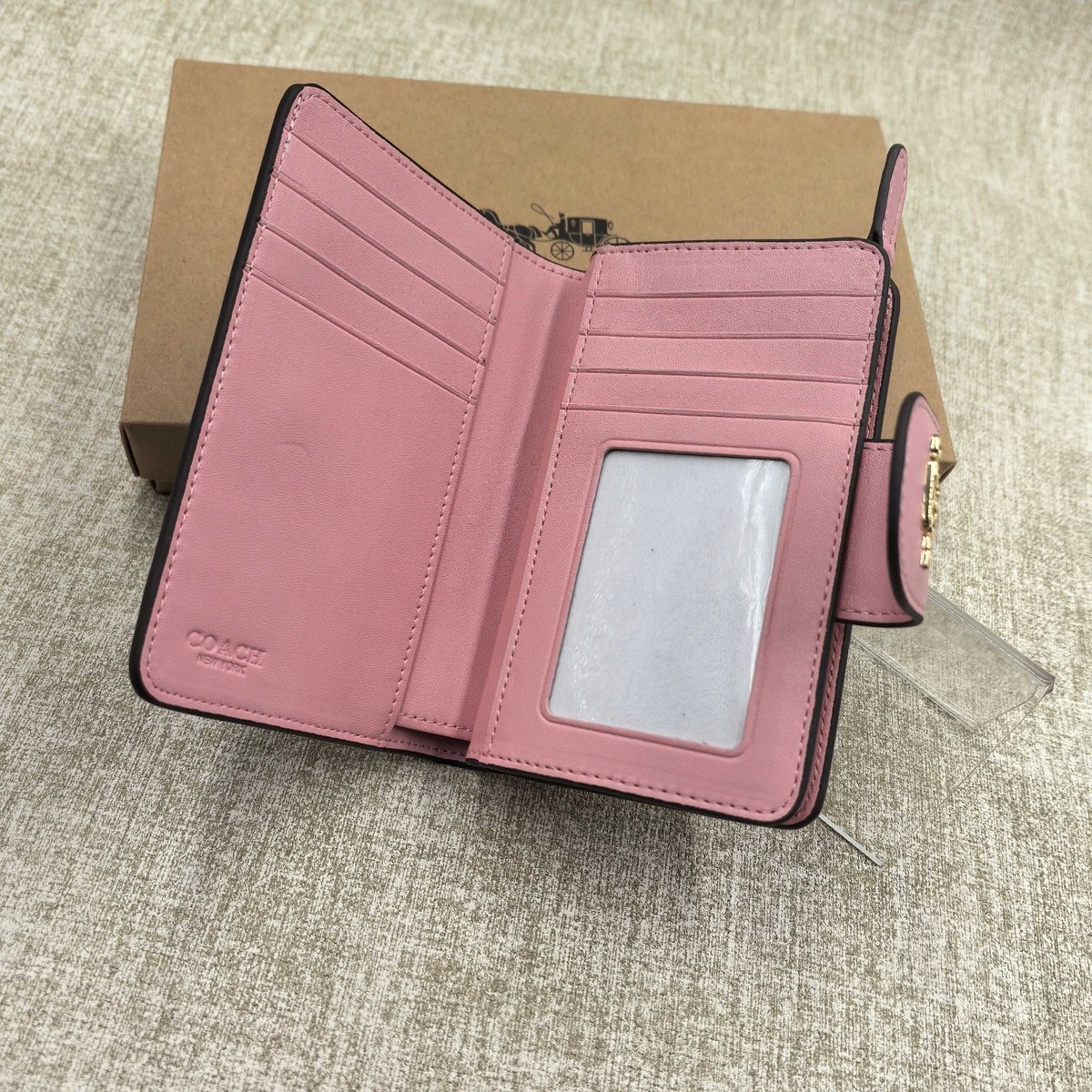 New Coach Medium Corner Zip Wallet In Signature Canvas Brown/Pink