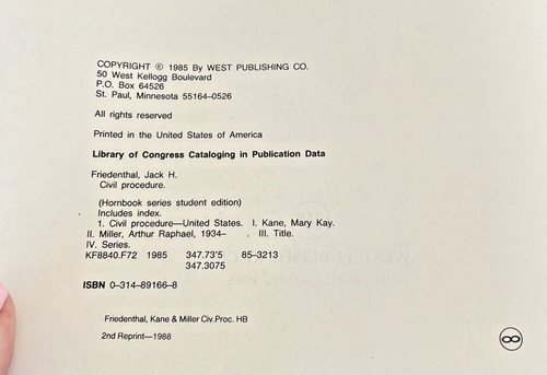 Civil Procedure, Friedenthal, Kane, Miller, HC, 1985 Hornbook Series, Law - Picture 9 of 14
