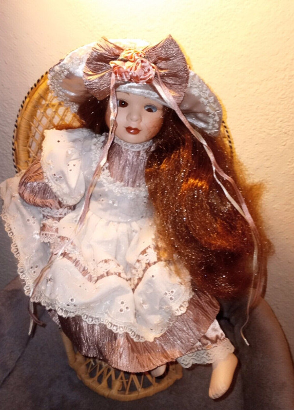 Beautiful 2000 Anco Porcelain Doll in Wicker Chair