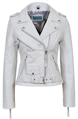 'CLASSIC BRANDO Damen Lederjacke weiß Biker Style Cruiser Fell MBF