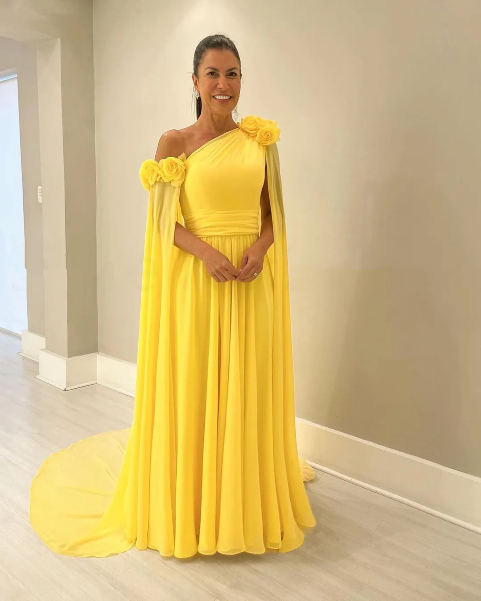 Yellow Chiffon Mother Of the Bride Dresses One Shoulder 3D Flowers Evening  Gowns | eBay