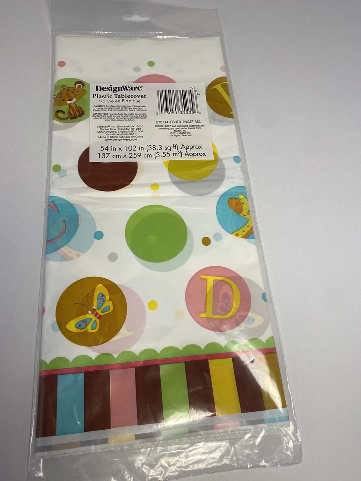 全新带标签 DesignWare 54 英寸 x 102 英寸 Fisher Price ABC 塑料桌布 — 第 2/3 张图片