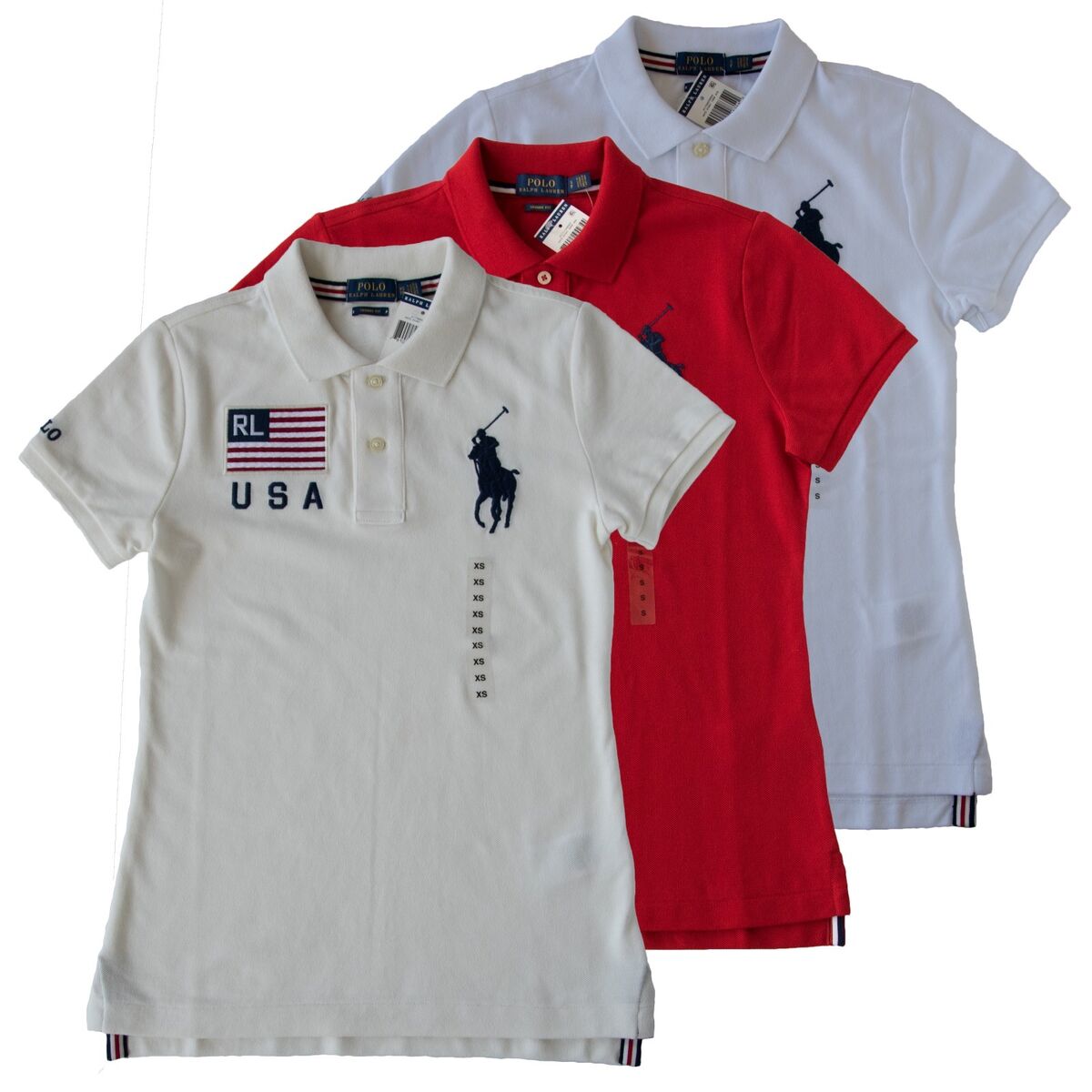 New Polo Ralph Lauren Women Big Pony USA Flag Skinny Shirt New Polo Ralph Lauren Women Big Pony USA Flag Skinny Shirt