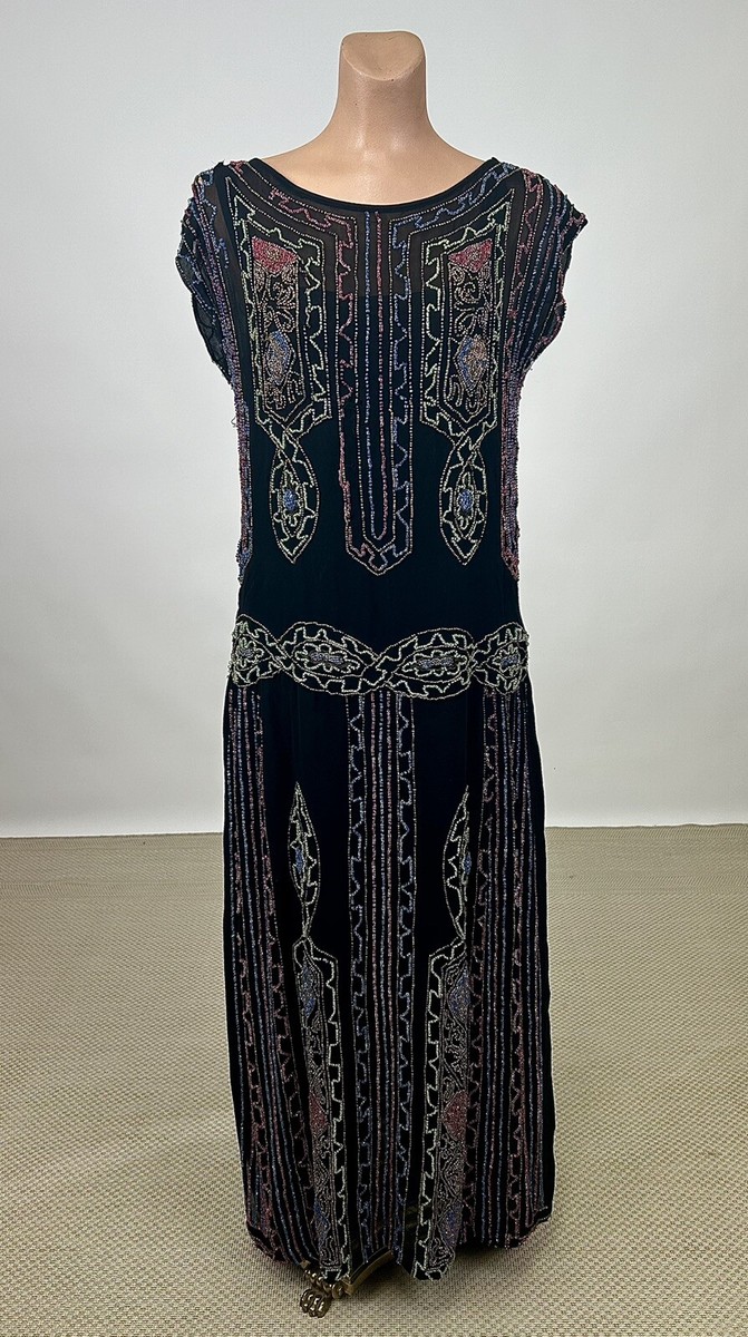 Vintage 1920s Colorful Beaded Geometric Black Silk Flapper Gown Pink Blue Green | eBay Vintage 1920s Colorful Beaded Geometric Black Silk Flapper Gown Pink Blue Green | eBay