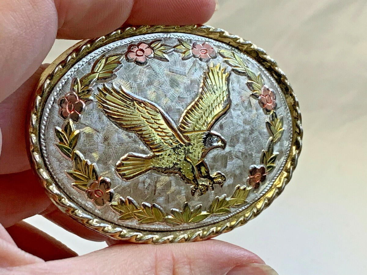 Vtg Eagle Hawk Belt Buckle With Flowers Oval Shape Western  display picture 2