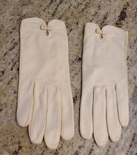 Vintage Size M Beige Stretch Nylon Leather 8" Formal Gloves Bow Wrist