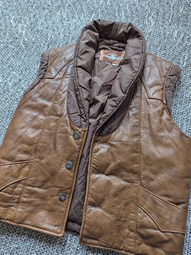 vintage PIONEER WEAR leather PUFFER VEST western S brown 38 cowboy winter - Picture 8 of 10