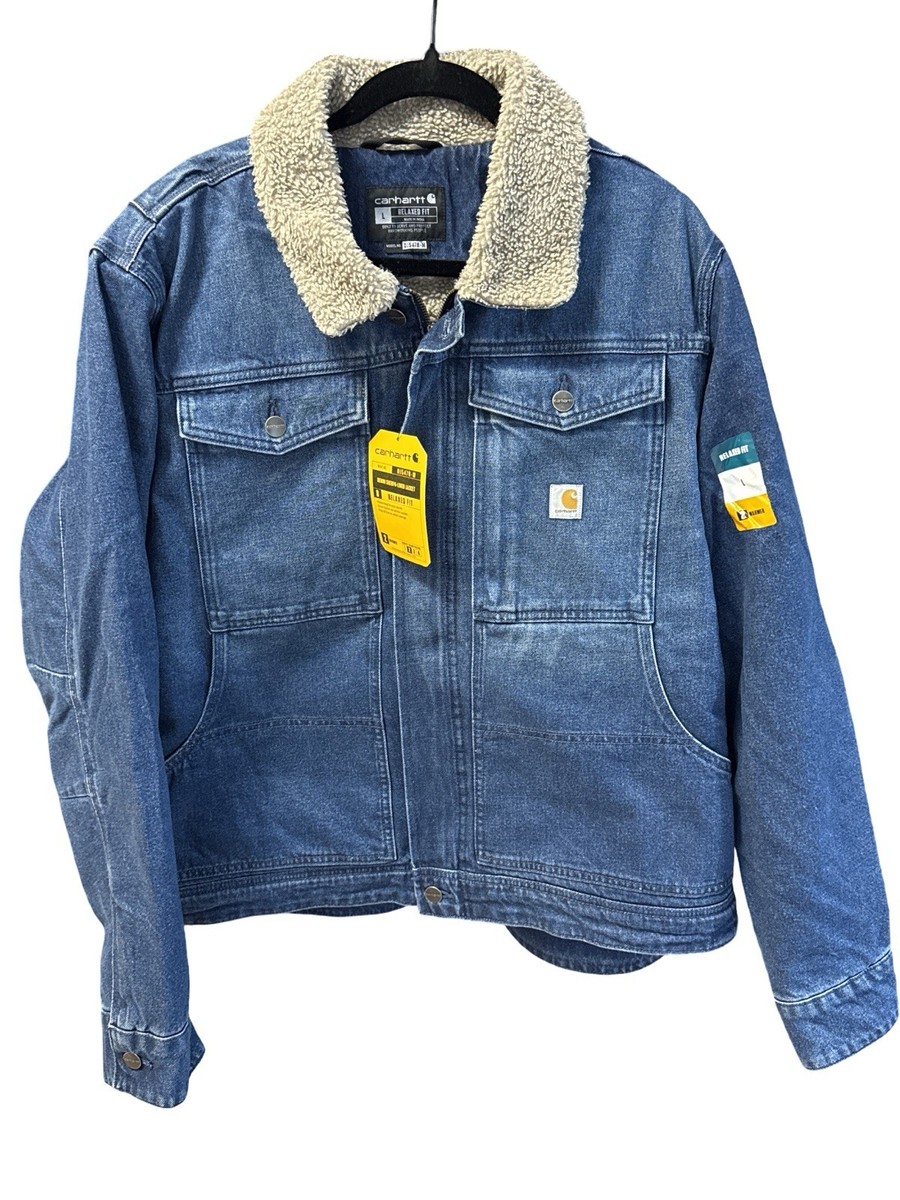 Carhartt Jacket Men's Blue Denim Sherpa Lined Relaxed Fit OJ5478-M