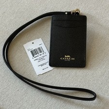 COACH 57311 ID Lanyard Black Crossgrain Leather Card Case Gold NWT IMBLK