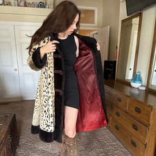 Vintage 1960s Faux Fur Leopard Print Coat Red Satin Lined Mod Glam M/L Mad Men