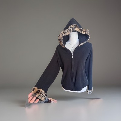 Y2K Furry Leopard Trim Crop Full Zip Hoodie Brats Cheetah Girly Fleece Warm XL