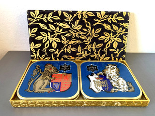 Boxed set of 6 vintage Lyndalware Heraldic Crest Queen's Beast Coasters