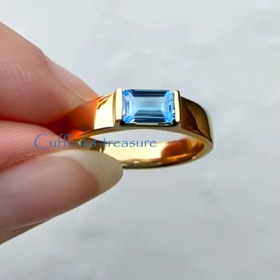 Natural Blue topaz Stone with  18 K Gold Plated 925 Sterling Silver Men Ring #40