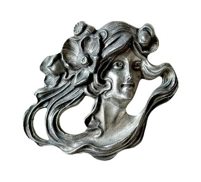 Vintage Pewter Sandy Val Belt Buckle 1971-Art Nouveau-Woman's Face