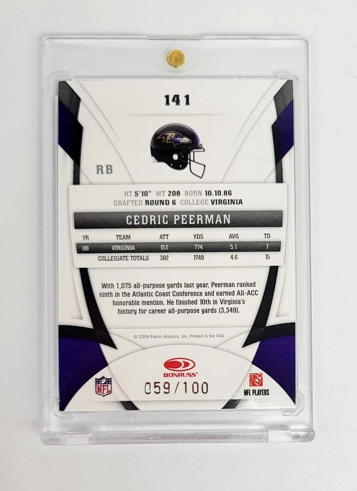 MINT #/100 MIRROR BLUE 2009 Certified New Generation Cedric Peerman #141 RAVENS - Image 2 of 2